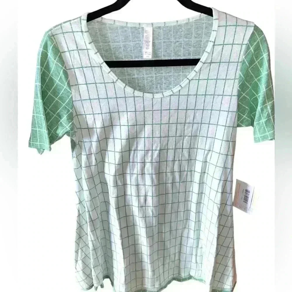 Lularoe XXS green & white plaid Perfect T. Reverse color way front, back .‎ NWT.